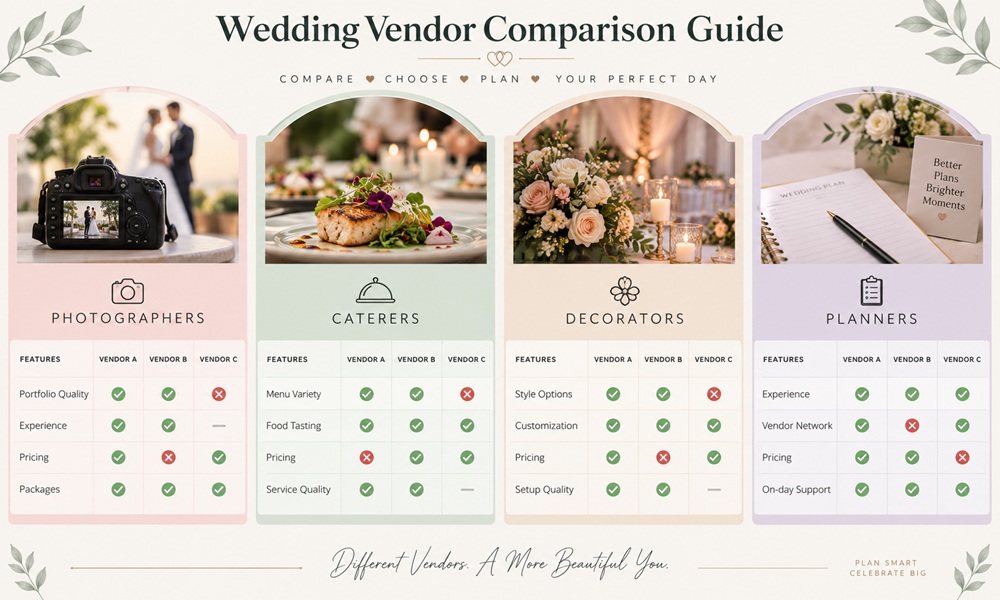 Wedding Vendor Comparison Guide: How to Evaluate Photographers, Caterers, Decorators & Planners Before Booking